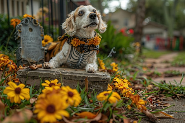 Photo dog in a graveyard