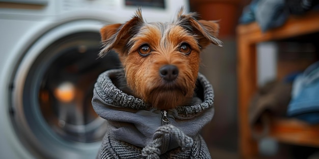 Dog in gray hoodie back view near washing machine Pet laundry service advertisement concept Concept Dog Gray Hoodie Washing Machine Pet Laundry Service Advertisement Concept