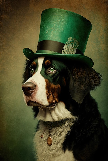 Dog in a green hat for Saint Patrick Day celebrations