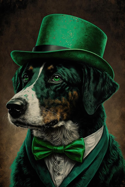 Dog in a green Irish hat at a St Patrick's Day celebration