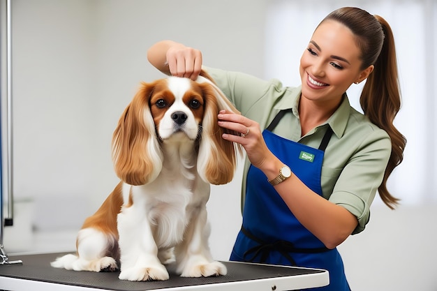 dog groomer grooming a cavalier king charles spaniel dog