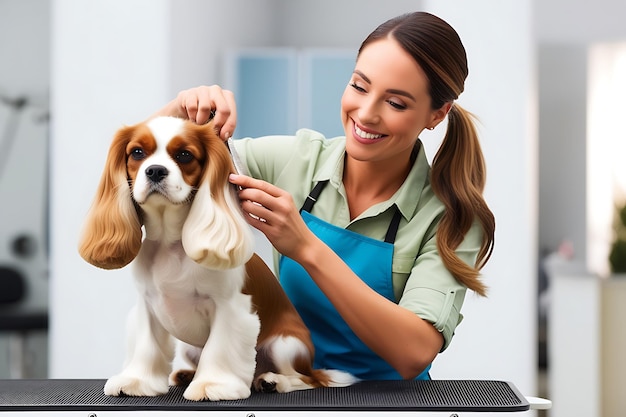 Photo dog groomer grooming a cavalier king charles spaniel dog