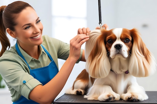 Photo dog groomer grooming a cavalier king charles spaniel dog