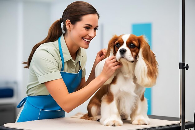 dog groomer grooming a cavalier king charles spaniel dog