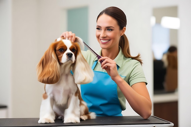 Photo dog groomer grooming a cavalier king charles spaniel dog