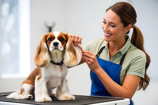 Photo dog groomer grooming a cavalier king charles spaniel dog