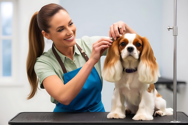 Photo dog groomer grooming a cavalier king charles spaniel dog