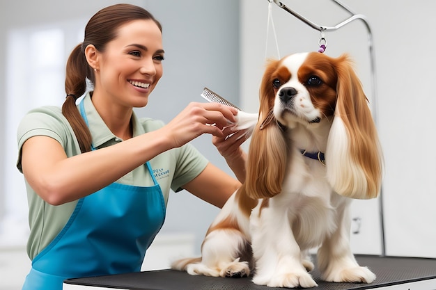 Dog Groomer Grooming a Cavalier King Charles Spaniel Dog