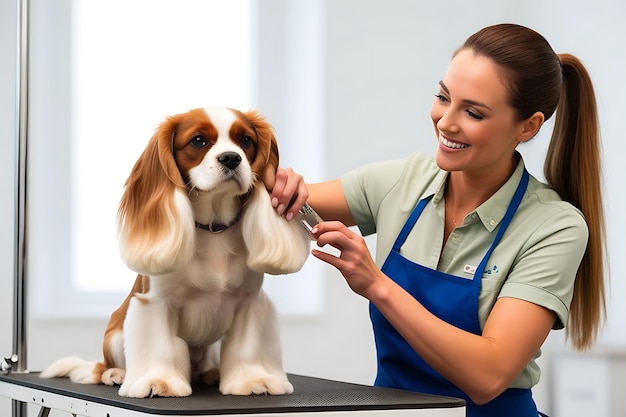 Photo dog groomer grooming a cavalier king charles spaniel dog