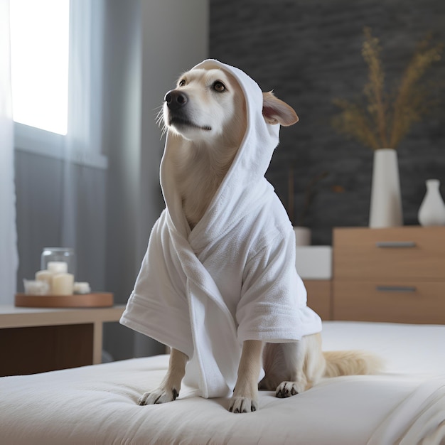 Dog in grooming salon after shower wrapped in towel Funny dog in a bathrobe sitting on bed after taking bath in a luxury dog spa salon or dog hotel Cute dog in bathrobe after shower AI generated