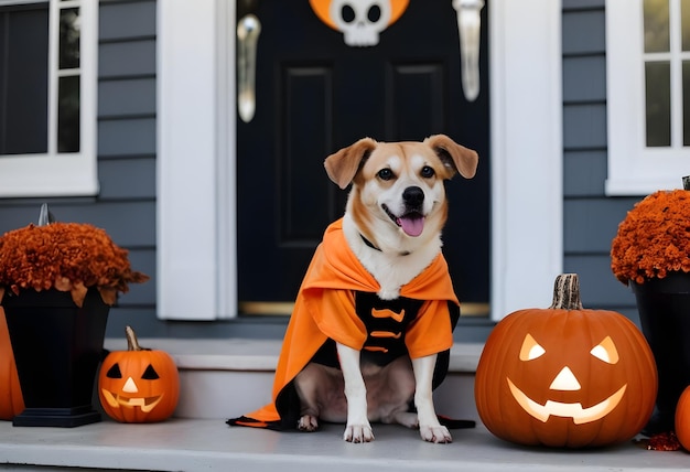 Dog in Halloween costume sitting by house