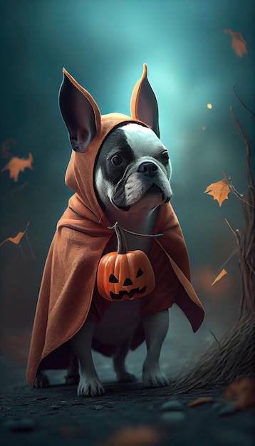 Dog in halloween costume walking outdoors with Generative AI Technology