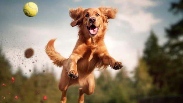 The dog happily jumps in the air catching the ball Generative AI