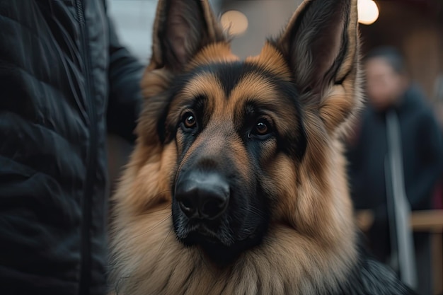 The dog has been combed and the German Shepherd enjoys being scratched with an unique brush