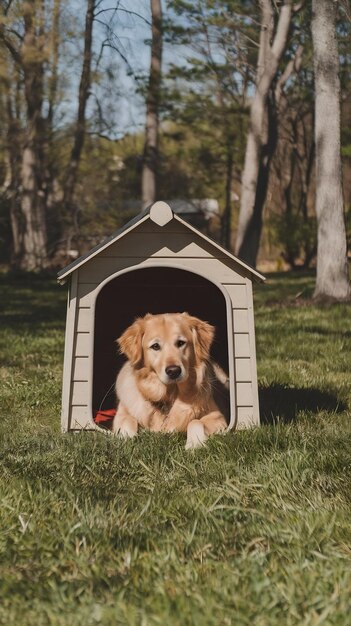 Photo dog has a rest in a dog house in the yard