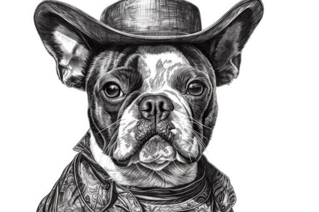 Dog in a hat drawn in black and white Generative AI