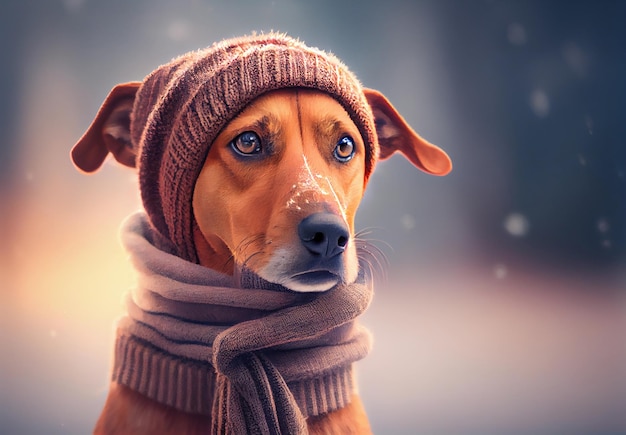 Dog in a hat and scarf in winter outdoors