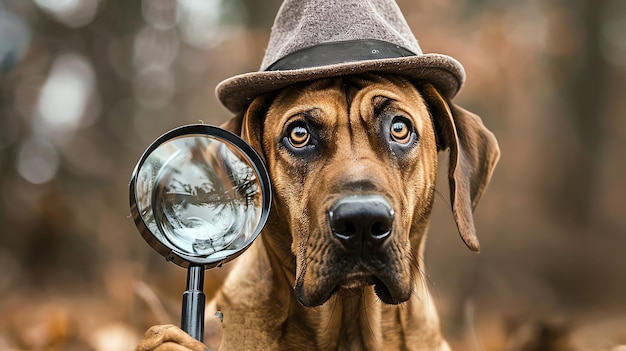 A dog in a hat uses a magnifying glass to inspect something