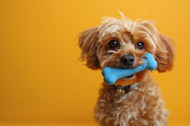 A dog holding a blue bone in its mouth on a yellow background with copy space