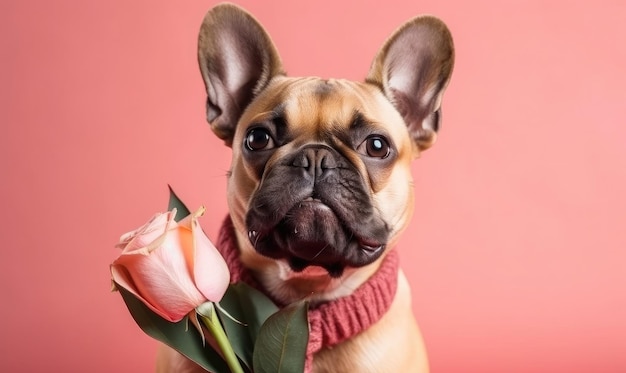 Dog holding a bouquet of tulips in his teeth on a pink background Spring card for Valentine's Day Women's Day Birthday generative AI