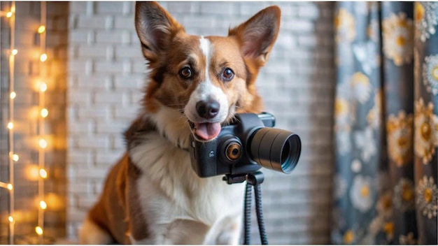 Photo a dog holding a camera in its mouth standing in front of a photo backdrop