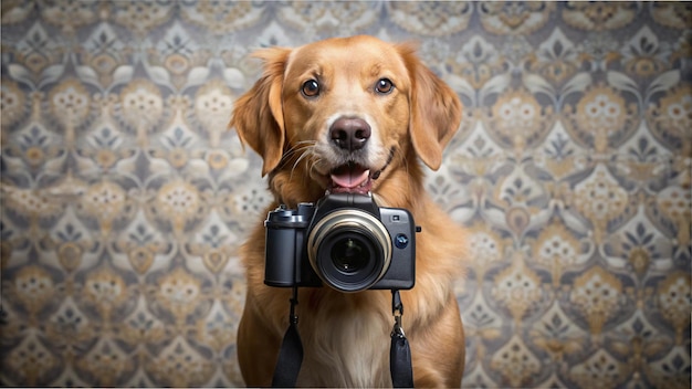 Photo a dog holding a camera in its mouth standing in front of a photo backdrop