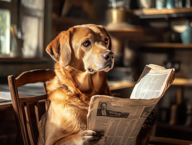 Photo dog holding a newspaper sitting like a person morning routine