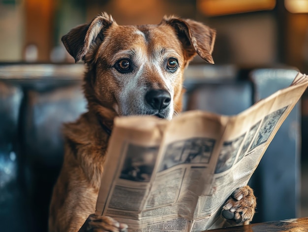 Photo dog holding a newspaper sitting like a person morning routine