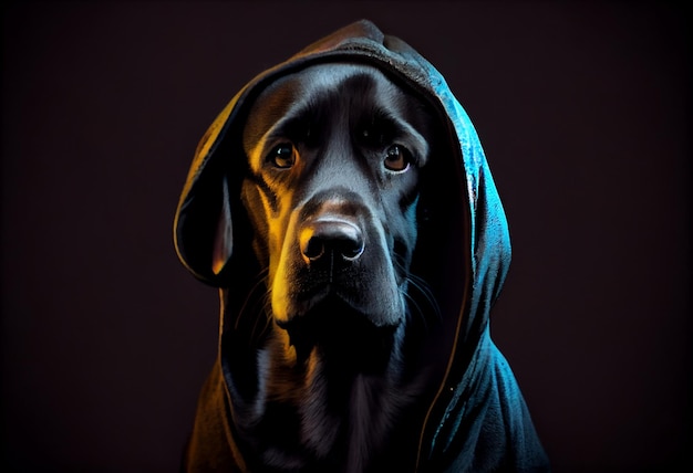 A dog in a hoodie with a blue light on it.