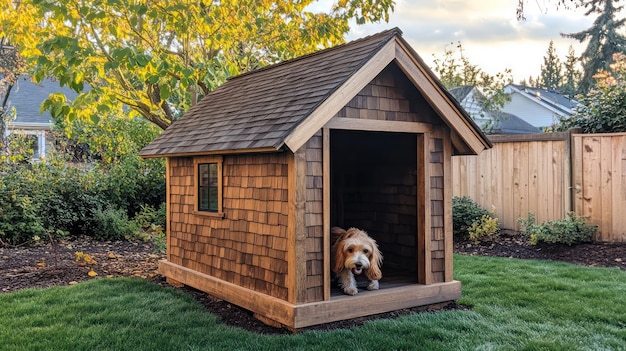 Photo a dog house with a dog in its dog house