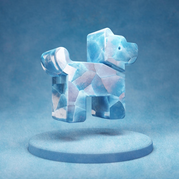 Dog icon. Cracked blue Ice Dog symbol on blue snow podium. Social Media Icon for website, presentation, design template element. 3D render.