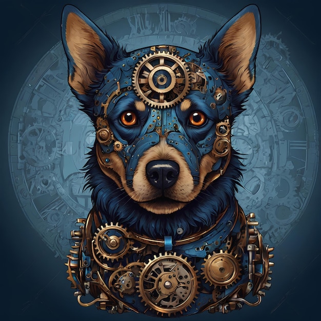 dog industry blue steampunk dog illustration rich in color and highly detailed