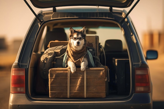 dog inside the car trunk ready to travel with family