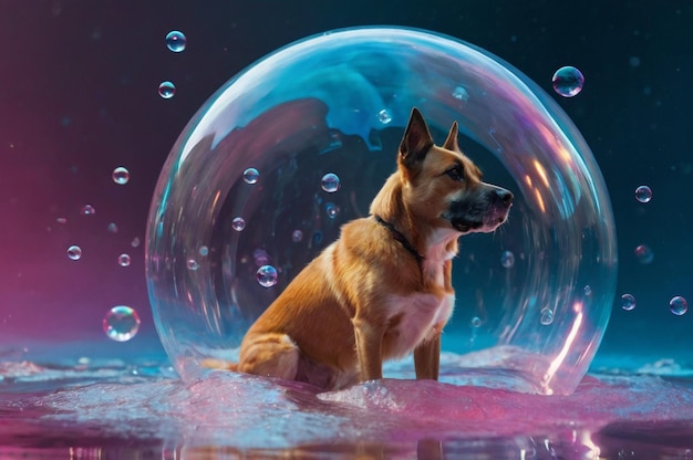 Dog Inside a Glowing Bubble in a Magical Surreal Scene