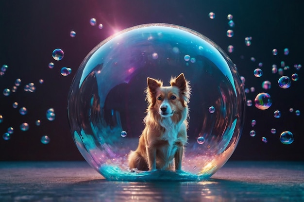 Dog Inside a Glowing Bubble in a Magical Surreal Scene