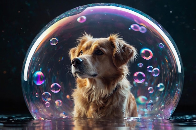 Dog Inside a Glowing Bubble in a Magical Surreal Scene