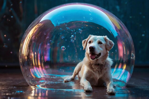 Dog Inside a Glowing Bubble in a Magical Surreal Scene