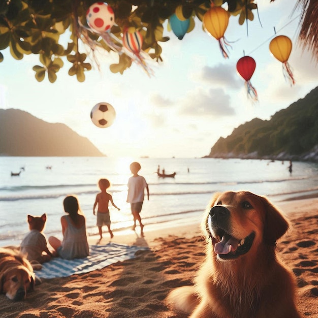 a dog is on a beach with a bunch of balloons in the background