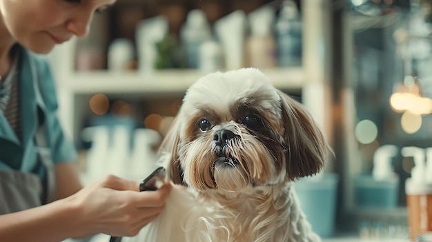 Photo a dog is being groomed by a woman in a salon