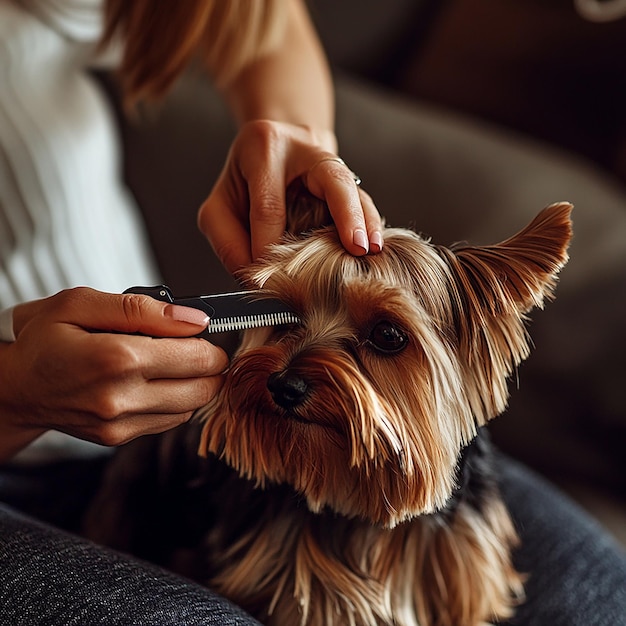 a dog is being groomed by a woman with a comb and a pair of scissors