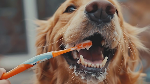 a dog is brushing his teeth with a toothbrush