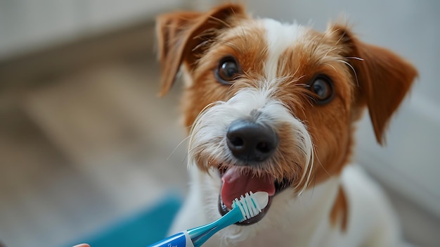 a dog is brushing his teeth with a toothbrush