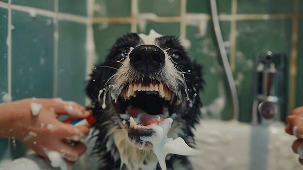 Photo a dog is brushing its teeth with a toothbrush in his mouth