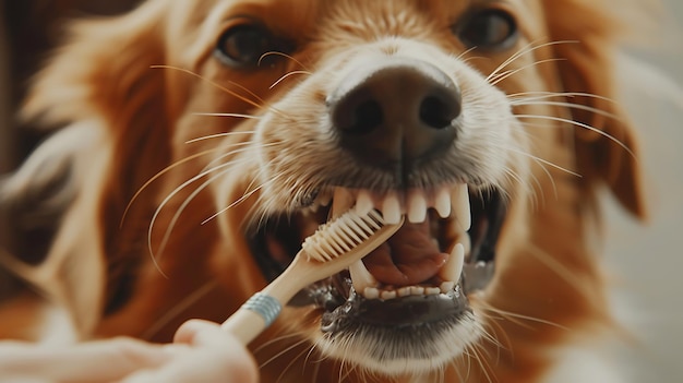 a dog is brushing its teeth with a toothbrush