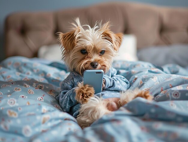 Photo a dog is chewing on a phone and a blue comforter