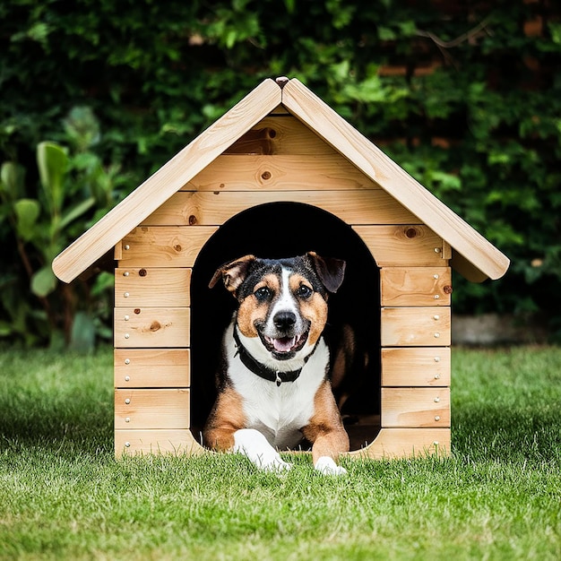 a dog is in a dog house that has a collar that says  the dog