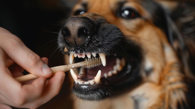 Photo a dog is eating something with its teeth showing