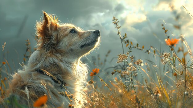 a dog is in a field of flowers and the sun is behind him