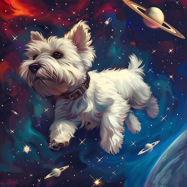 a dog is flying in the space with a star on its back