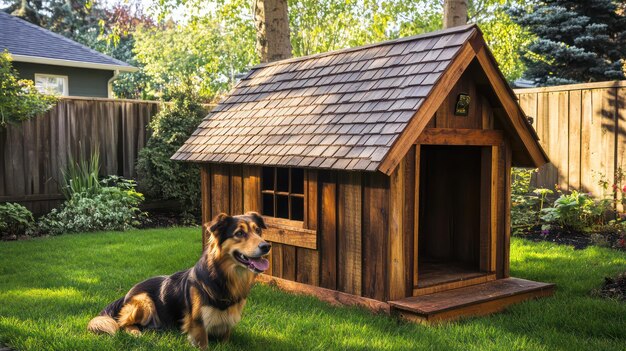 Photo a dog is in front of a doghouse that has a sign that says  the dog  on it